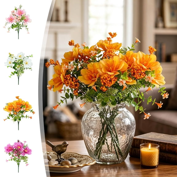 Autumn Harvest Artificial Flower Bouquet, Realistic Fall Faux Floral Bundles, Decorative Fake Flower Stems, Suit for Home Vase Arrangement Living Room Thanksgiving Decor, White