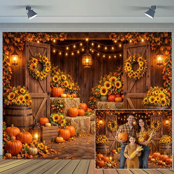 Autumn Harvest Barn Backdrop Pumpkin Sunflower Fall Photography Background for Thanksgiving Baby Shower & Birthday Party Photo Booth Studio Props, 5x3ft