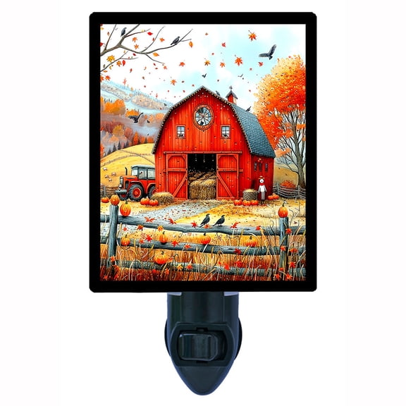 Autumn Harvest Barn Night Light Red Barn with Pumpkins and Fall Leaves, Country Farm Scene, Rustic Seasonal Dcor, Free Switchable Insert