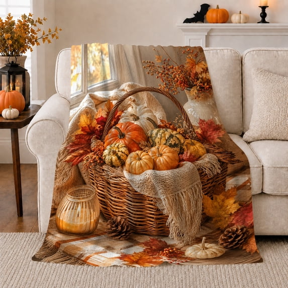 Autumn Harvest Basket Pumpkins Maple Leaves Rustic Farmhouse, Cozy Rustic Scene, Warm Flannel Blanket for Ranch House and Living Room, Animal Lovers Thanksgiving Gift, Rustic Home Decor