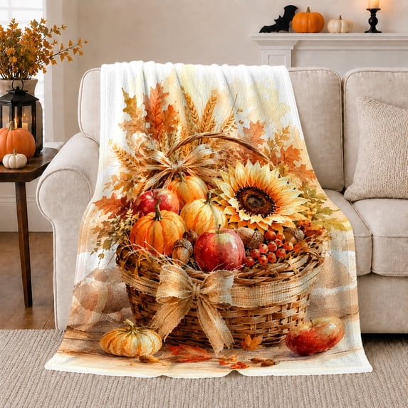 Autumn Harvest Basket Still Life Pumpkin Apple Sunflower, Festive Holiday Scene, Warm Flannel Blanket for Ranch House and Living Room, Art Lovers Thanksgiving Gift, Festive Home Decor