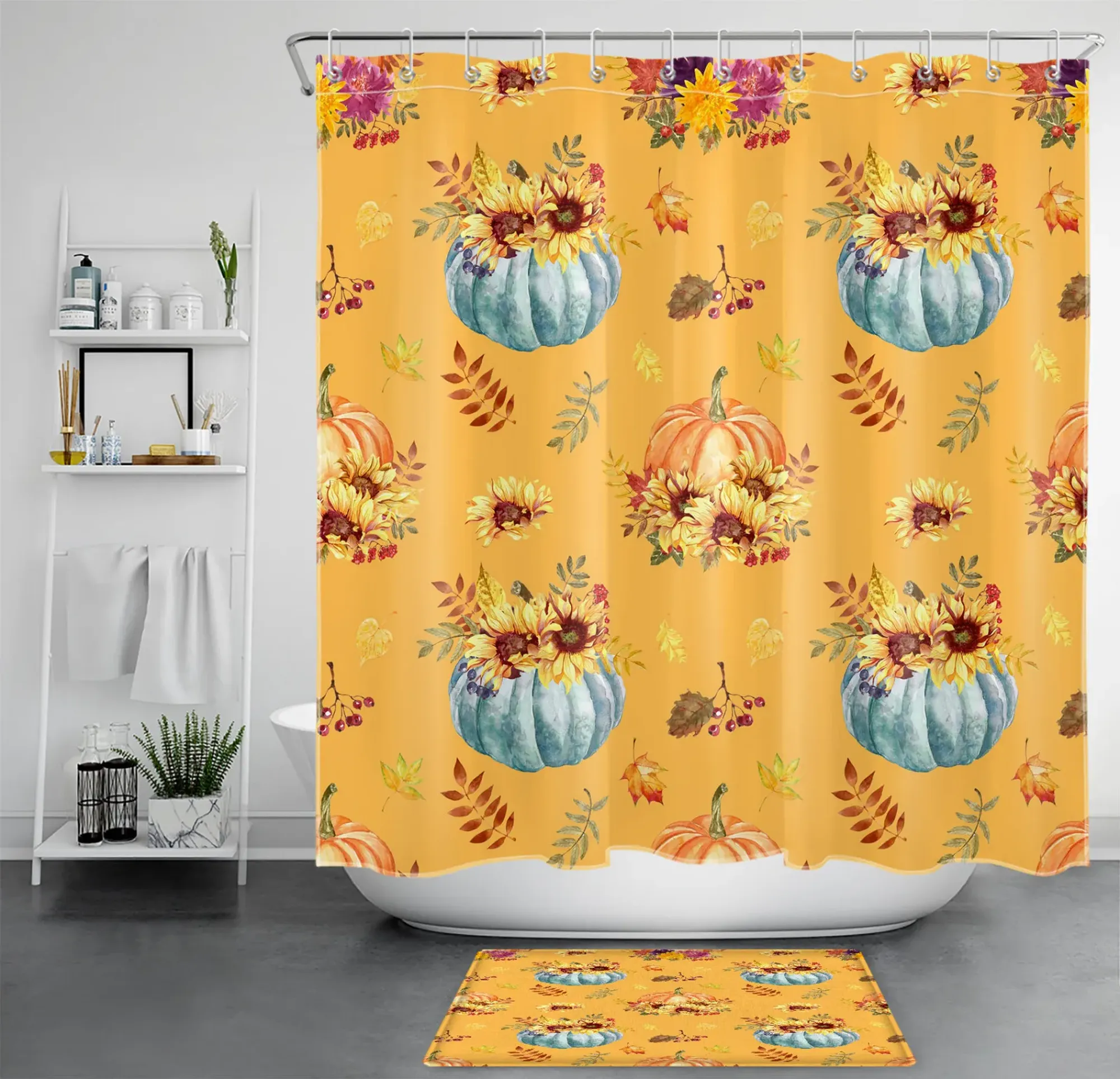 Autumn Harvest Bathroom Curtain Set with Red Floral and Green Pumpkins ...