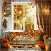 Autumn Harvest Bathroom Decor with Pumpkins and Hay Bales Cozy Atmosphere High Quality Shower Curtain Design Warm Colors Professional Photography Hasselblad H6D400c Shot