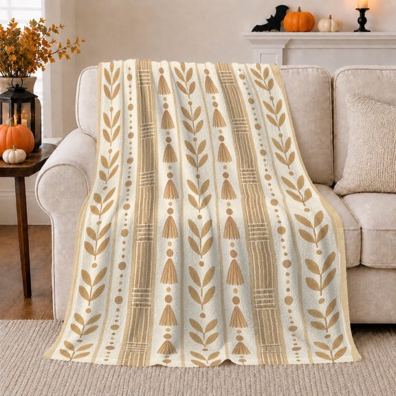 Autumn Harvest Botanical Geometry Living Room, Peaceful Botanical Scene, Warm Flannel Blanket for Sunroom and Reading Nook, Garden Lovers Thanksgiving Gift, Botanical Home Decor