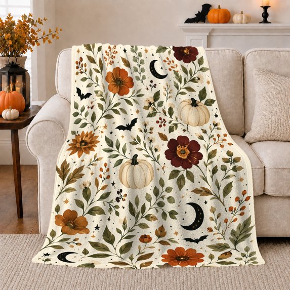 Autumn Harvest Botanical Halloween Theme Bat Moon Motif, Festive Halloween Scene, Warm Flannel Blanket for Living Room and Family Room, Art Lovers Halloween Gift, Festive Home Decor