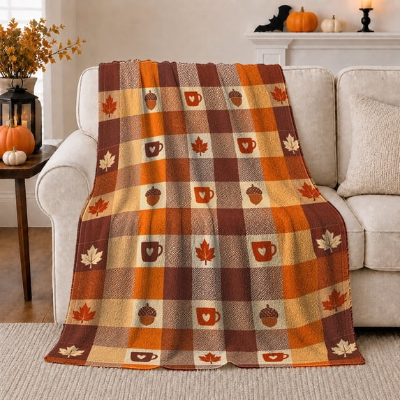 Autumn Harvest Buffalo Plaid Pumpkins Maple Leaves Decorative, Cozy Friendship Quote Scene, Warm Flannel Blanket for Living Room and Reading Nook, Art Lovers Thanksgiving Gift, Festive Home Decor