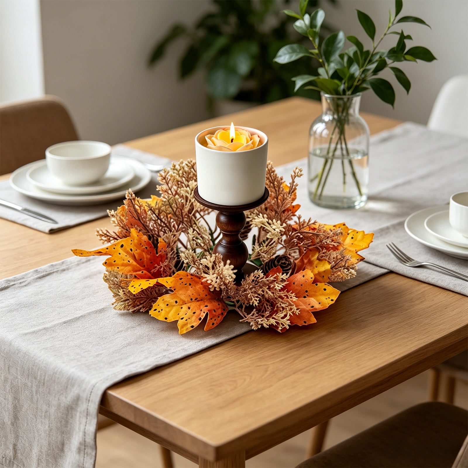Autumn Harvest Candle Ring, Faux Maple Leaves Berries And Pinecones ...