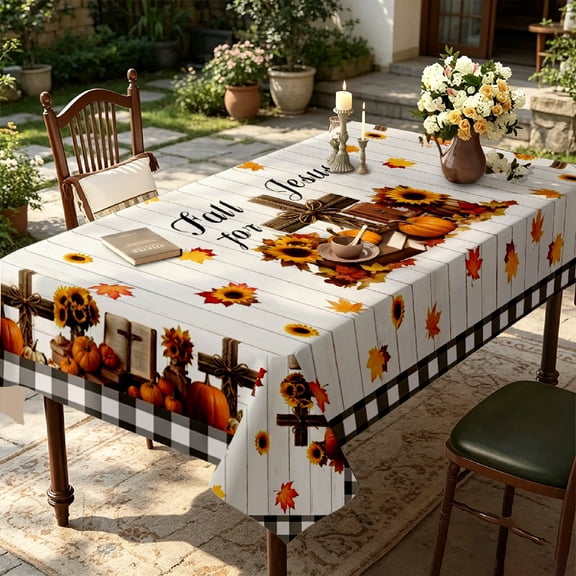 Autumn Harvest Christian Cross Buffalo Check Border Print Tablecloth, Thanksgiving Celebration Holiday Dinner Home Decor, Thanksgiving Christmas Gift