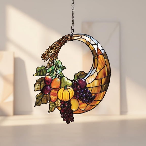 Autumn Harvest Cornucopia Acrylic Suncatcher Kitchen Accent Window Hanging Thanksgiving Fall Gift