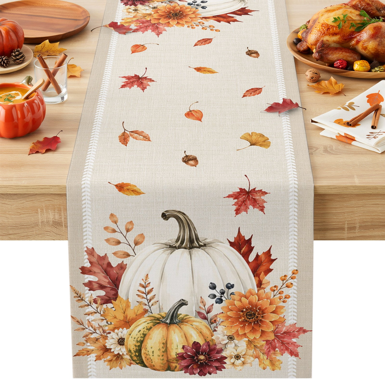 Rustic White Roses Autumn Harvest Cotton Linen Table Runner Fall White Orange Pumpkin ...