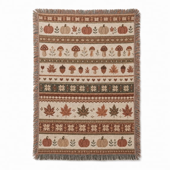 Autumn Harvest Cream, Rust and Brown Woven Throw Blanket, Cotton with Fringed Edges, Folk Art Style for Seasonal, Couch and Bed Home Decor
