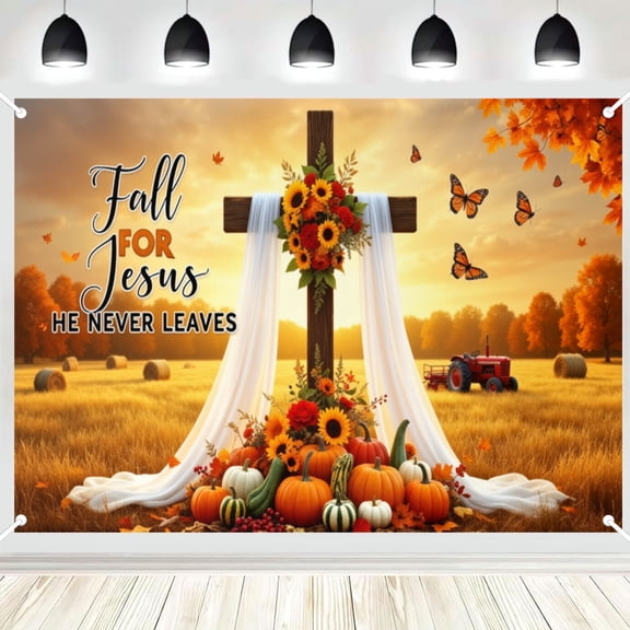 Autumn Harvest Cross Backdrop, Fall Pumpkin Maple Field Photo Background for Thanksgiving Party Decor & Portrait Shoot 16x24in