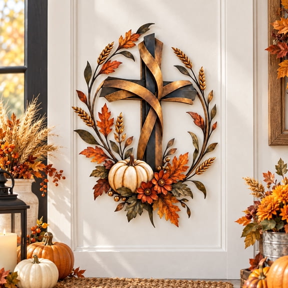 Autumn Harvest Cross Wall Hanging 9.84 Inch 2D Flat Ornament with Pumpkin Wheat and Fall Foliage for Indoor Display