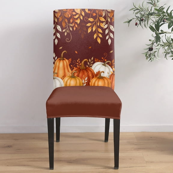 Autumn Harvest Dining Chair Covers Set of 1, Dark Red Orange Pumpkin Eucalyptus Leaves Fall Chair Covers for Dining Room Removable Seat Protectors Slipcovers for Home Party Wedding Banquet