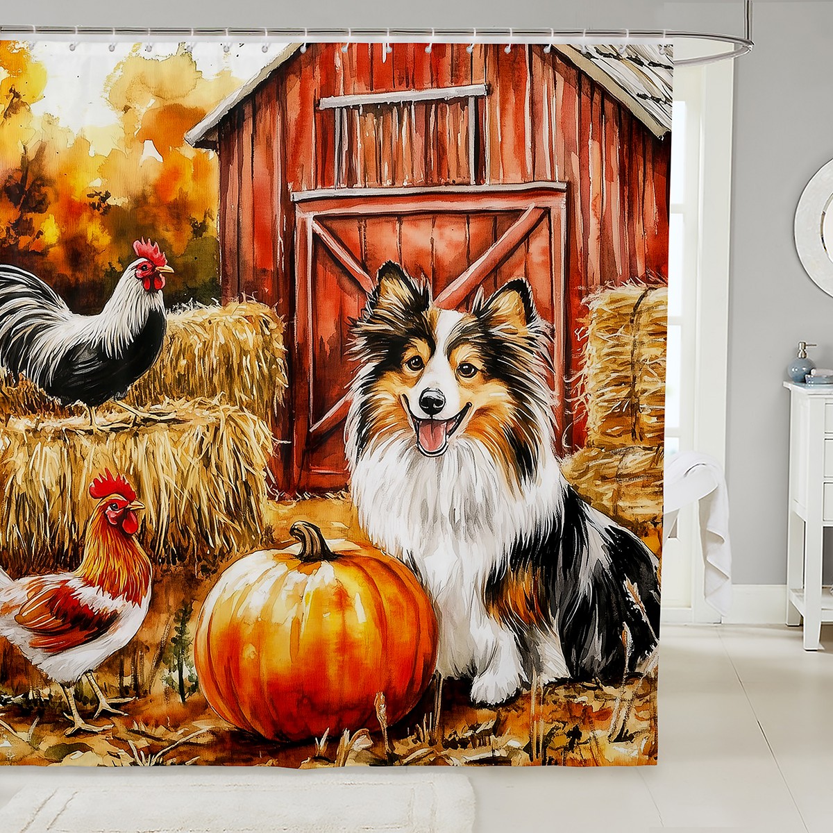 Autumn Harvest Fabric Shower Curtain 72" W X 72" L Cute Dog Puppy