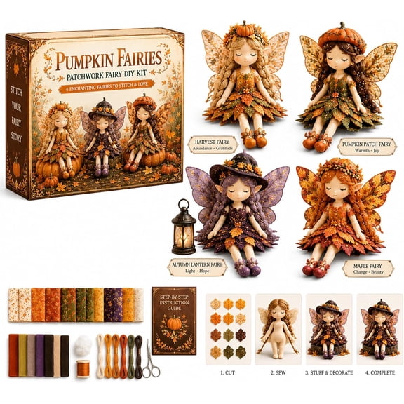 Autumn Harvest Fairy Patchwork DIY Kit, Handmade Sewing Craft Set with Pre-Cut Fabric & Trims to Make 4 Unique Elf Dolls, Perfect for Beginners, Home Decor & Seasonal Crafting (Autumn Harvest)