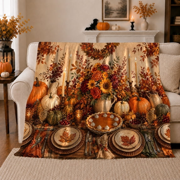 Autumn Harvest Feast Pumpkins Roses, Festive Botanical Garden Scene, Warm Flannel Blanket for Sunroom and Reading Nook, Garden Lovers Thanksgiving Gift, Festive Home Decor