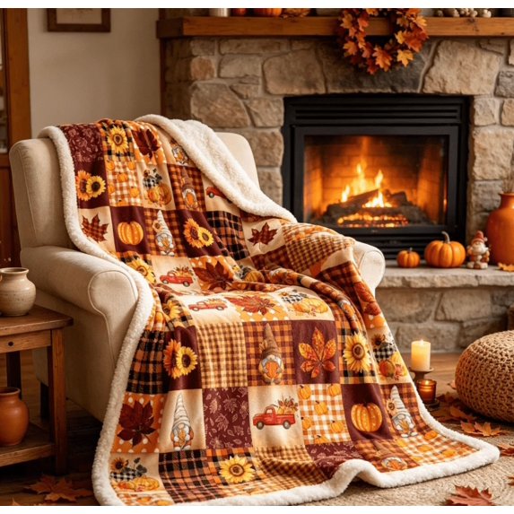 Autumn Harvest Flannel Throw Blanket 39.37inx29.53in, Mixed Pumpkin Sunflower Maple Car Pattern Cozy Home Blanket