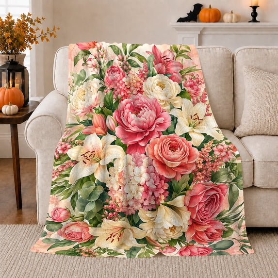 Autumn Harvest Floral Bouquet, Cozy Botanical Garden Scene, Warm Flannel Blanket for Sunroom and Reading Nook, Garden Lovers Thanksgiving Gift, Botanical Home Decor