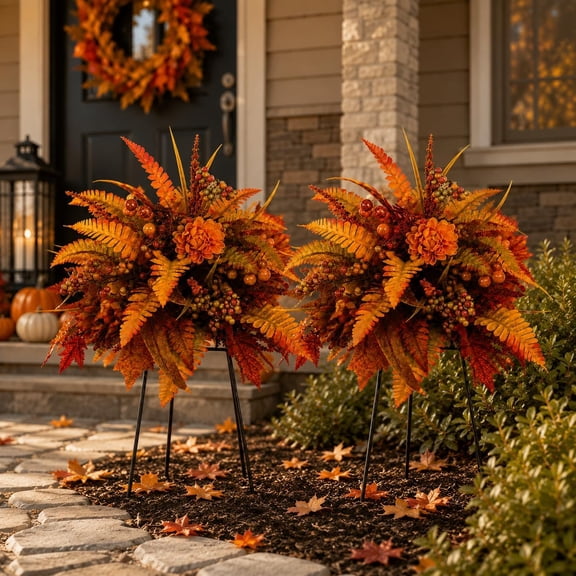 Autumn Harvest Floral Garden Stake Arrangement, Lush Autumn Flowers & Foliage Create A Full Harvest Display For Porches, Gardens, Planters And Yards