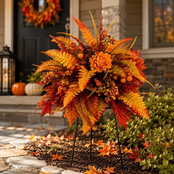 Autumn Harvest Floral Garden Stake Arrangement, Lush Autumn Flowers & Foliage Create A Full Harvest Display for Yards, Flower Beds, Pathways and Seasonal Outdoor Decoration