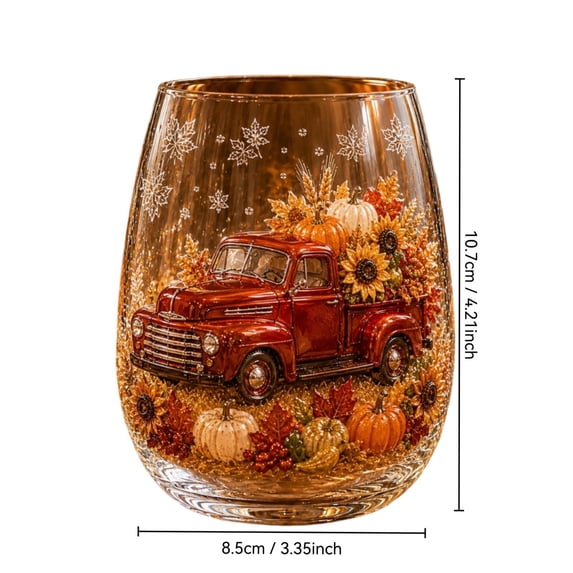 Autumn Harvest Glass Cup, Fall Thanksgiving Themed Drinking Glass | Stemless Wine Glass, Festive Table Decor Drinkware, Ideal Holiday Housewarming Gift for Home Party Entertainment