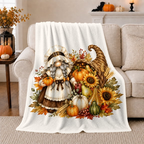 Autumn Harvest Gnome Cornucopia, Playful Rustic Scene, Warm Flannel Blanket for Ranch House and Living Room with Detailed Artwork, Animal Lovers Thanksgiving Gift, Rustic Home Decor