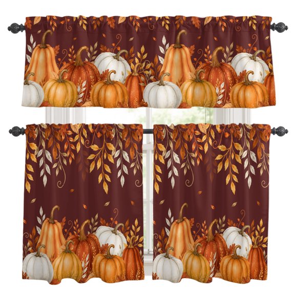 Autumn Harvest Kitchen Curtains Valance and Tier Set Dark Red Orange Pumpkin Eucalyptus Leaves Fall Rod Pocket Short Curtains for Small Window 3 Pieces Set for Bedroom Cafe (54" x 18"+27" x 36")