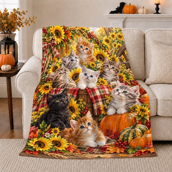 Autumn Harvest Kittens Sunflowers Pumpkins, Playful Pet Portrait Pattern, Warm Flannel Blanket for Living Room and Bedroom, Cat Lovers Thanksgiving Gift, Pet Lover Home Decor