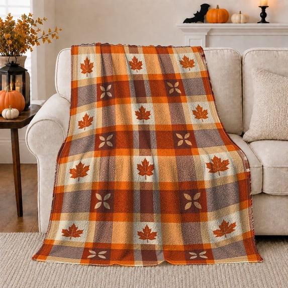 Autumn Harvest Maple Leaf Plaid Pattern, Festive autumn celebration Scene, Warm Flannel Blanket for Living Room and Family Room, Art Lovers autumn celebration Gift, Festive Home Decor