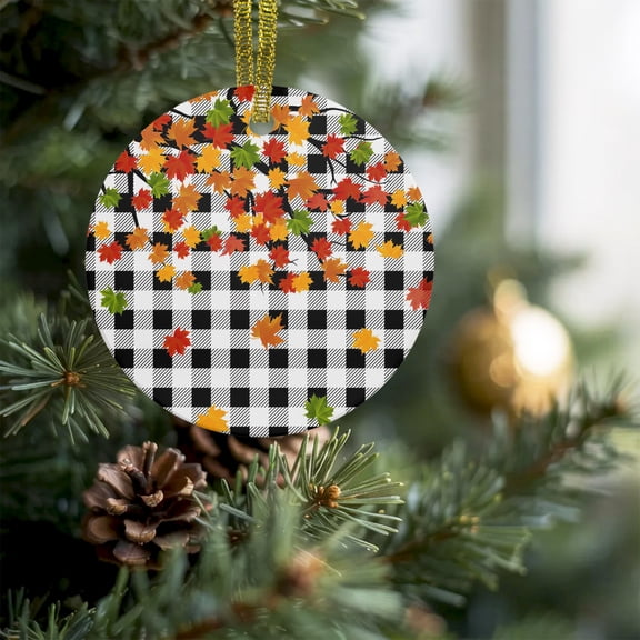 Autumn Harvest Maple Leaves Christmas Ceramic Ornament 2026,3" Round Xmas Tree Hanging Accessories with Gold Ribbon,Black White Plaid Background Pendant Ornaments for Holiday Gift Home Party Decor