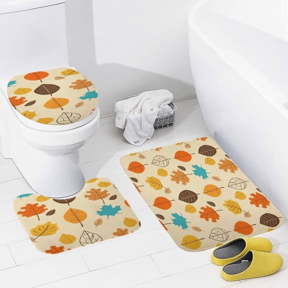 Autumn Harvest Maple Leaves Thanksgiving 3 Piece Bath Rugs Mat Set, Flannel Mats, Machine Washable Carpets Mat for Bathroom Kitchen, Tub Toilet Contour Mat Lid Cover