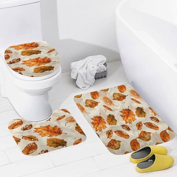 Autumn Harvest Maple Leaves Thanksgiving 3 Piece Bath Rugs Mat Set, Flannel Mats, Machine Washable Carpets Mat for Bathroom Kitchen, Tub Toilet Contour Mat Lid Cover