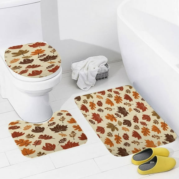 Autumn Harvest Maple Leaves Thanksgiving 3 Piece Bath Rugs Mat Set, Flannel Mats, Machine Washable Carpets Mat for Bathroom Kitchen, Tub Toilet Contour Mat Lid Cover