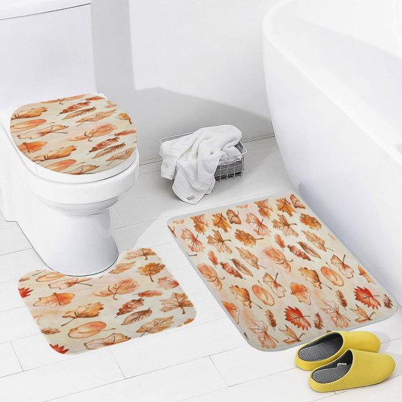 Autumn Harvest Maple Leaves Thanksgiving 3 Piece Bath Rugs Mat Set, Flannel Mats, Machine Washable Carpets Mat for Bathroom Kitchen, Tub Toilet Contour Mat Lid Cover