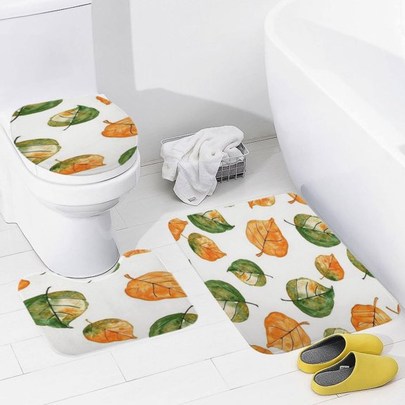 Autumn Harvest Maple Leaves Thanksgiving 3 Piece Bath Rugs Mat Set, Flannel Mats, Machine Washable Carpets Mat for Bathroom Kitchen, Tub Toilet Contour Mat Lid Cover