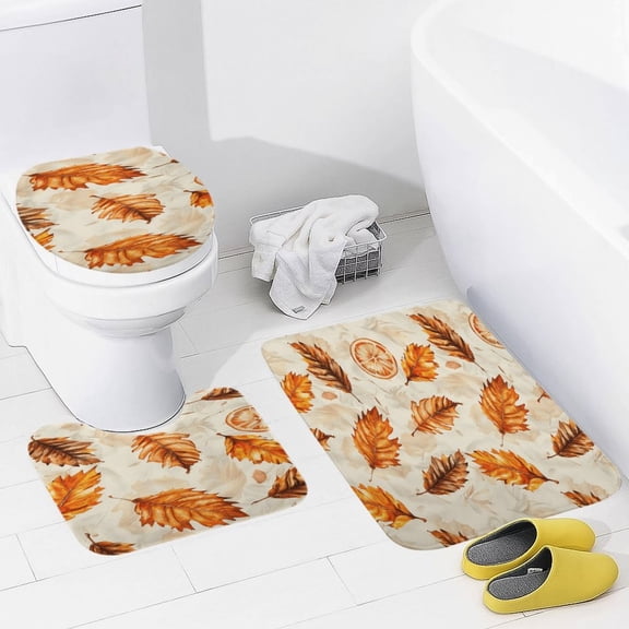 Autumn Harvest Maple Leaves Thanksgiving 3 Piece Bath Rugs Mat Set, Flannel Mats, Machine Washable Carpets Mat for Bathroom Kitchen, Tub Toilet Contour Mat Lid Cover