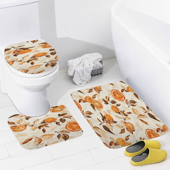 Autumn Harvest Maple Leaves Thanksgiving 3 Piece Bath Rugs Mat Set, Flannel Mats, Machine Washable Carpets Mat for Bathroom Kitchen, Tub Toilet Contour Mat Lid Cover