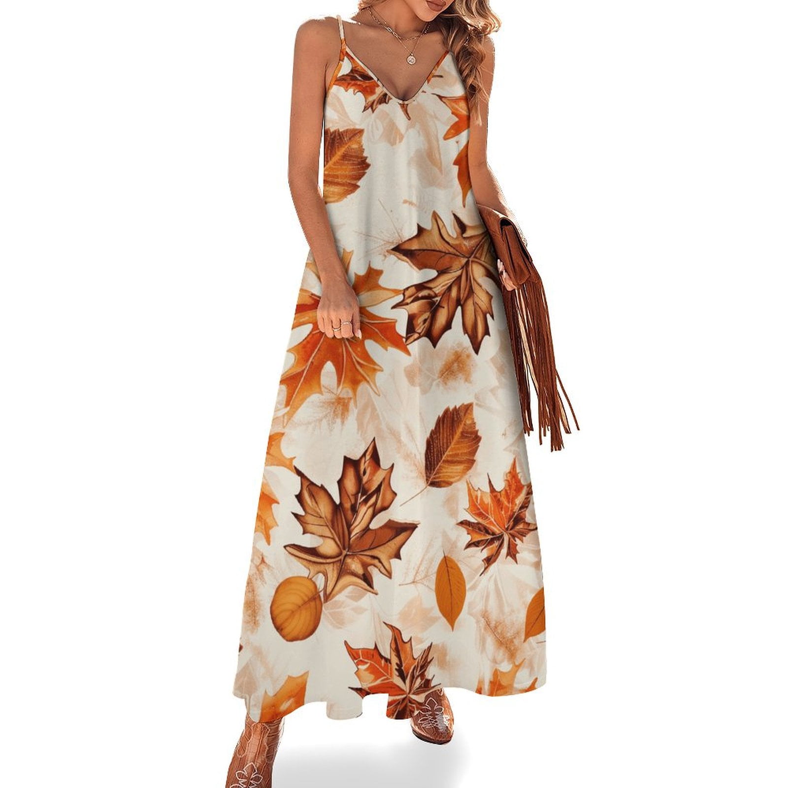 OU Premium Design Autumn Harvest Maple Leaves Thanksgiving Design Sleeveless Dress Woman Fashion Long Dresses Women's Summer Suit Dress 2025, Size: XL