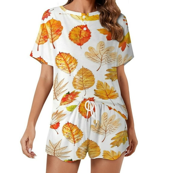 Autumn Harvest Maple Leaves Thanksgiving Pajamas Set Womens Loungewear Sleepwear 2 Piece PJ Sets
