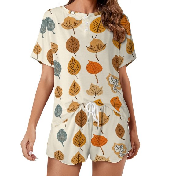 Autumn Harvest Maple Leaves Thanksgiving Pajamas Set Womens Loungewear Sleepwear 2 Piece PJ Sets