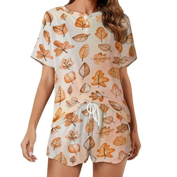 Autumn Harvest Maple Leaves Thanksgiving Print Women'S Pajamas Set Summer Sleepwear Sets 2 Piece Lounge Set