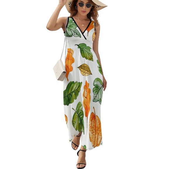 Autumn Harvest Maple Leaves Thanksgiving Sleeveless Dress Woman Fashion Long Dresses Women's Summer Suit Dress 2025