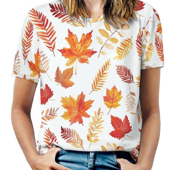 Autumn Harvest Maple Leaves Thanksgiving Women's Short Sleeve Tops Casual Blouses T Shirt