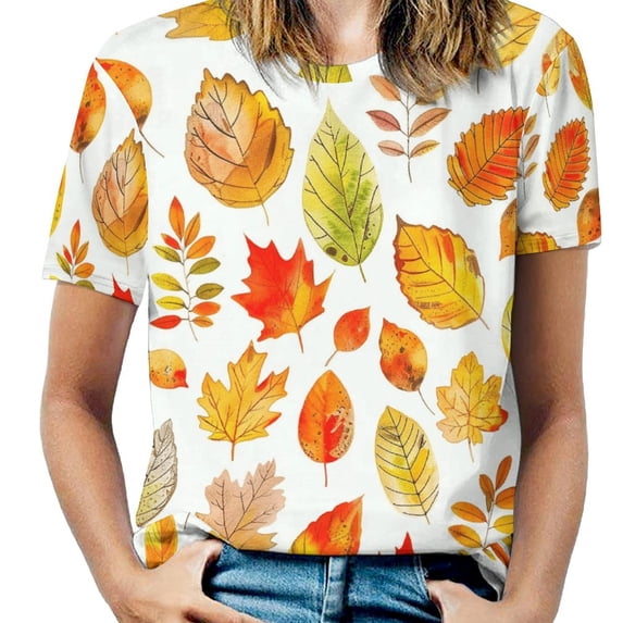 Autumn Harvest Maple Leaves Thanksgiving Women's T-Shirt Short Sleeve T Shirts Tops Tee Ladies Loose T