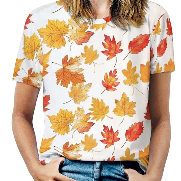 Autumn Harvest Maple Leaves Thanksgiving Womens Tops Women's Fashion Casual Short Sleeve Flower Print Round Neck Pullover Top Blouse