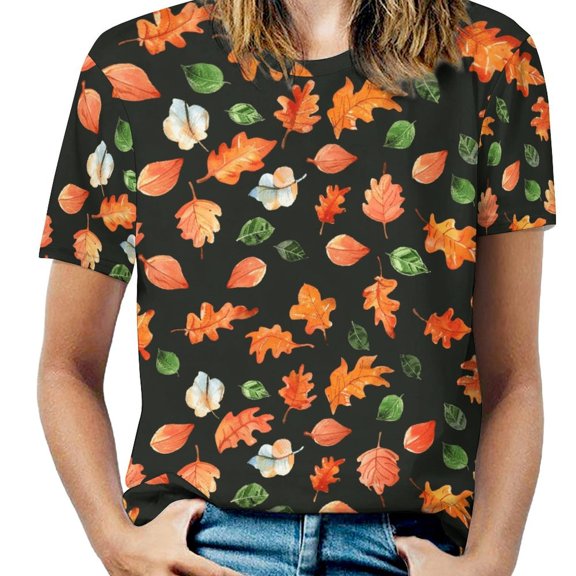 Autumn Harvest Maple Leaves Thanksgiving Womens Tops Women's Fashion Casual Short Sleeve Flower Print Round Neck Pullover Top Blouse