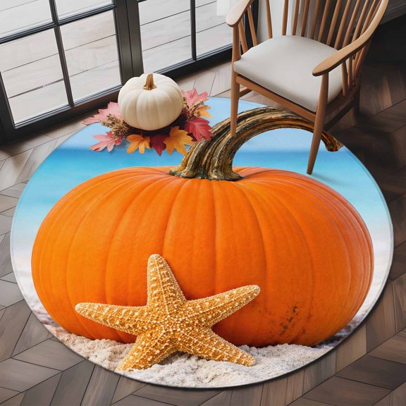 Autumn Harvest Orange Pumpkin Round Area Rug 5ft,Living Room Rug Non-Slip Washable Circle Rugs Pad,Beach Sea Starfish Soft Floor Carpet for Bedroom Dining Room