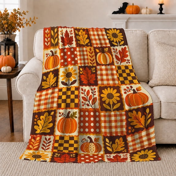 Autumn Harvest Patchwork Design, Cozy Friendship Quote Scene, Warm Flannel Blanket for Living Room and Reading Nook, Art Lovers Thanksgiving Gift, Artistic Home Decor