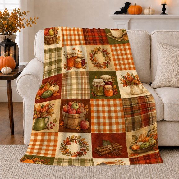Autumn Harvest Patchwork Pumpkin Apple Design, Festive Artistic Scene, Warm Flannel Blanket for Home Library and Reading Nook, Art Lovers Thanksgiving Gift, Artistic Home Decor